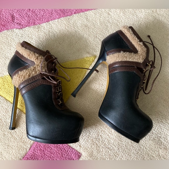 Yves Saint Laurent YSL Black Brown Shearling Trim Tribute Heel Bootie Ankle 37 - Picture 4 of 10